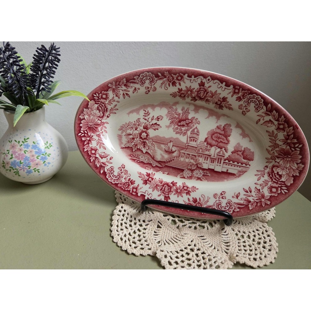Vintage Maddock Red Transferware Oval Platter Empire Crockery England 9.5 inch